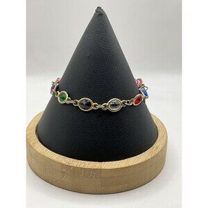 Eiffel Tower Charm Bracelet With Multicolor Gemstones Gold Tone Chain